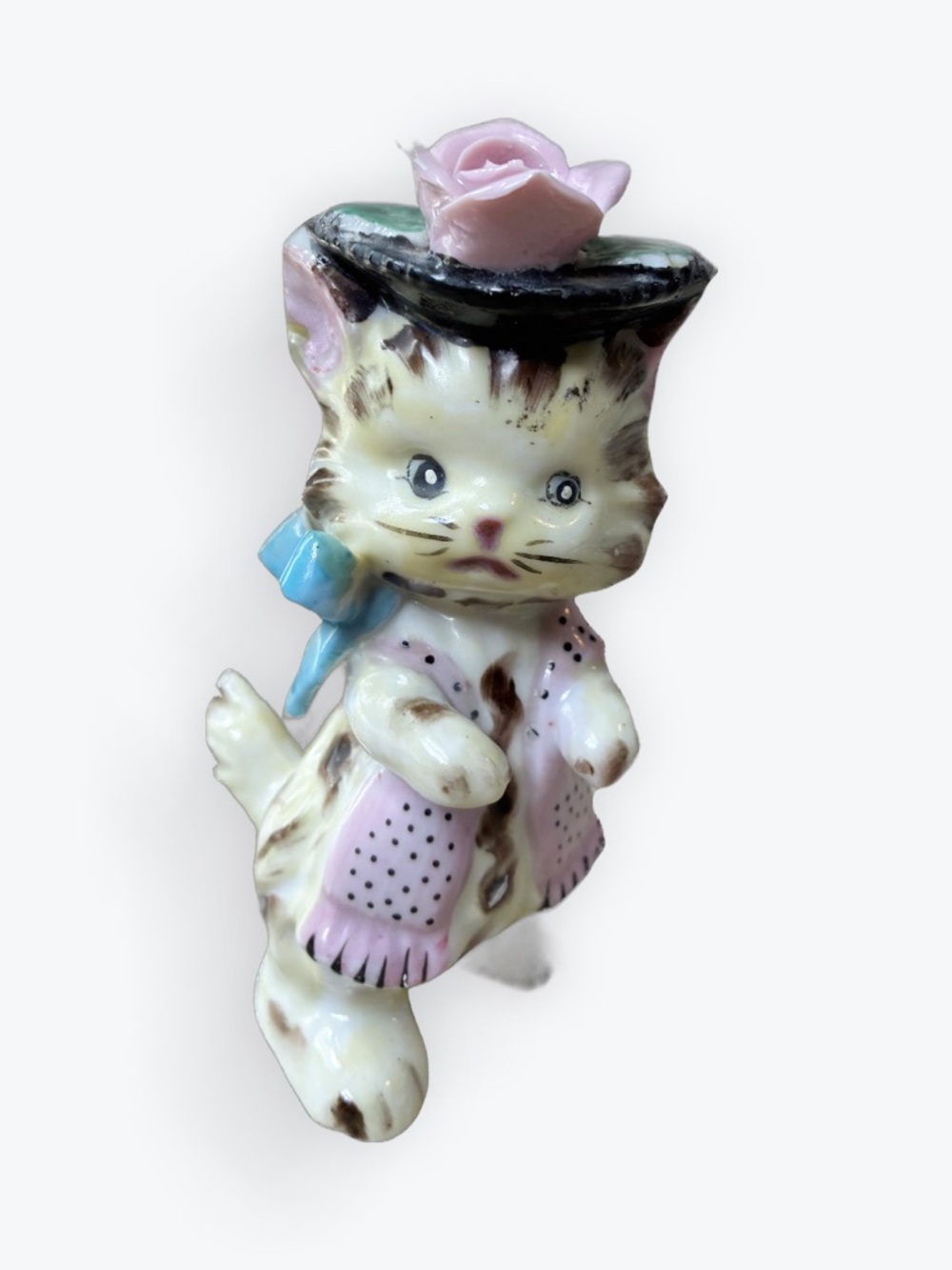Vintage Lefton Cat Ceramic Figurine With Hat, Bow, and Scarf